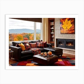 Cozy Autumn Living Room Vivid Colors Featuring Plaid Blankets Stretched Over A Leather Sofa A Pum Art Print