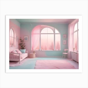 A Pink And Mint Green Room With Arched Windows, A Pink Sofa, A White Chair, A Table, And A Fluffy Rug, Creating A Soft And Dreamy Atmosphere Art Print