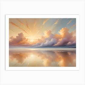 A Digital Painting Of A Serene Lake With A Bright, Orange Sunset Reflected In The Water Art Print