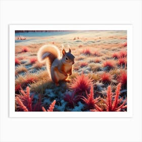 Red Squirrel Standing In A Field Of Red Grass And Snow Art Print