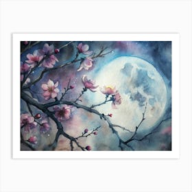 A Close Up Of Cherry Blossoms In Silhouette Again Art Print