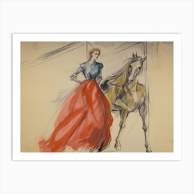 Woman And Horse Antique Sketch Art Print