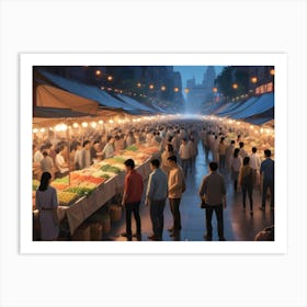 Vibrant Night Market Scene With Colorful Lights And Food Stalls Art Print