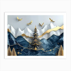 3d Modern Art With Blue Night Landscape With Dark Mountains, Giant Golden Tree And Gold 2 Art Print