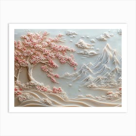 Beautiful Sakura Tree And Mountain 3d 4 Art Print