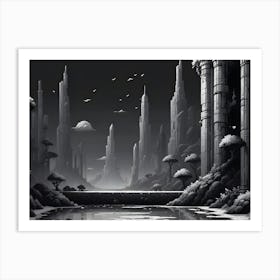 A Black And White, Pixelated Illustration Of A Futuristic Cityscape With Tall Buildings, Trees, And A River Art Print