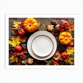 Autumn Themed Table Decor Featuring An Assortment Of Yellow And Orange Leaves Acorns Amidst A Garde (1) Art Print