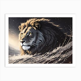 Lion In The Water Art Print