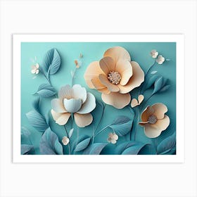 3d Simple Floral Painting Light Blue Background 1 Art Print