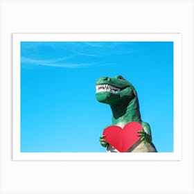 T Rex Dinosaur Statue Holding Red Paper Heart Art Print