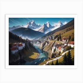 Mountain river landscape with Alps view #3 - Oil Painting Art Print