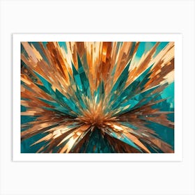 Abstract Explosion Of Teal And Gold Shards, Radiating Outward With Sharp, Dynamic Lines And Reflections, Suggesting Energy, Power, And Expansion Art Print