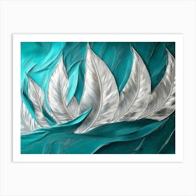 Vibrant 3d Abstract Art Teal Background Shimmering Silver Feathers Bold Volcanic Peaks Modern Art Print