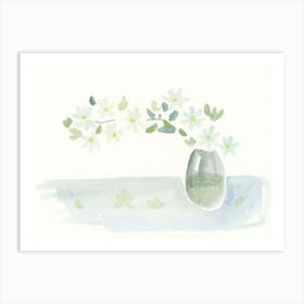 White Flowers In A Vase - minimalist watercolor floral flowers light grey mint green Art Print