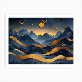 3d Modern Art with Night Landscape with Dark Mountains, Dark Black Background with Stars Art Print