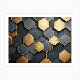 3d Hexagonal Art On With A Mix Of Metallic Gold And Dark Grey Textures On A Striped Backdrop Art Print