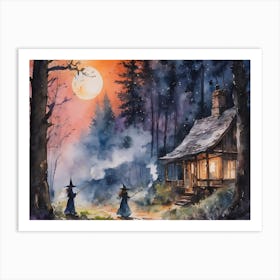 Sunset Mischief - witches causing mayhem as the sun goes down, I wonder who annoyed them? Witchy fairytale Storybook watercolour artwork painting - spellcasting in the forest Art Print