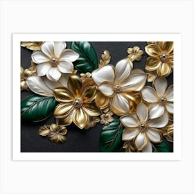 Luxury Floral Seamless with Flowers Elegant Leather Texture Illustration Background in Golden, Green and White 2 Art Print