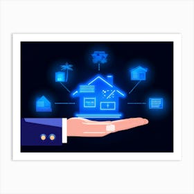 Artificial Intelligence Concept Visualized As A Hand Holding A Glowing Blue Diagram Of A Smart Home (1) Art Print