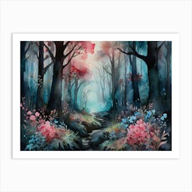 Watercolor Art Dark Forest path With Pink Flowers Art Print