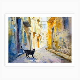 Bari, Italy   Black Cat In Street Art Watercolour Painting 2 Art Print
