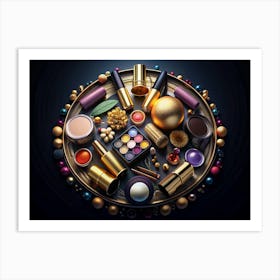 Makeup Products Arranged In Circle On Golden Tray Art Print