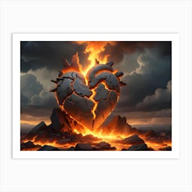 A Large, Broken Stone Heart Engulfed In Flames Art Print