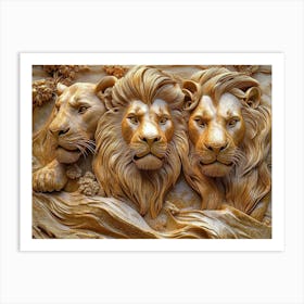 Majestic 3d Relief Artwork Of Prowling Lions Intricate Golden Details Rich Textures Dramatic Lighting Regal Art Print