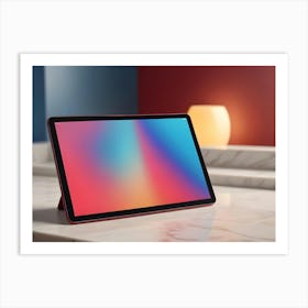 A Red Tablet Computer With A Colorful Gradient Screen, Sitting On A White Marble Surface With A Soft, Yellow Light Source In The Background Art Print