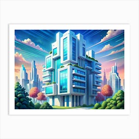 Modern Apartment Building With Green Plants And A City Skyline Art Print