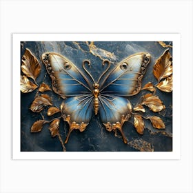 3d Luxury Blue and Gold Butterfly with Golden Leaves on Dark Marble Background Art Print