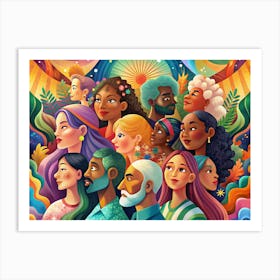 Diverse Group Of People In A Colorful Abstract Illustration Art Print