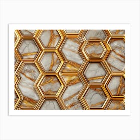 3d Lattice Gold Hexagon with Marble Texture Abstract Glass Seamless Pattern Art Print