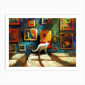 White Cat In The Library - Looking At An Artwork Art Print