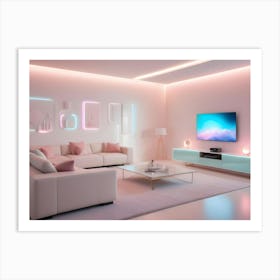 A Modern Living Room Interior With A White Sofa, Pink Accent Pillows, A Glass Coffee Table, A Pink And Blue Neon Light Installation, A Large Tv, And A Plant Art Print