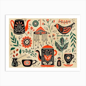 A Set Of Vintage Elements Folk Composition Including Pots Coffee Tea Beans Bird Abstract Flowers And Leaves Organic Abstraction Of Folk Inspired Motifs Rustic Style Of Illustration Art Print