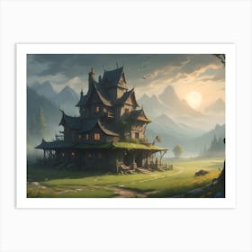 A Medieval Style House With A Thatched Roof Sits Amidst A Verdant Valley With Mountains In The Background Art Print