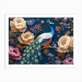 Peacock And Flowers 5 Art Print