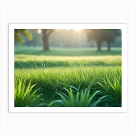 A Field Of Green Grass With A Blurred Background Of Trees And A Sunlit Sky, Creating A Peaceful And Serene Natural Scene Art Print