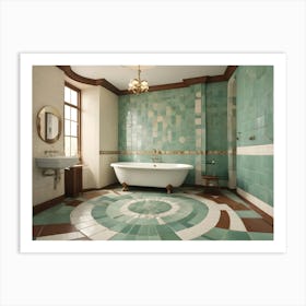 A Vintage Bathroom Interior With Green Tile Walls, A White Bathtub, And A Round Mosaic Floor Art Print