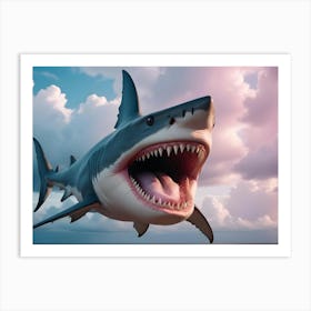 A Great White Shark With Its Mouth Open, Leaping Out Of The Water Art Print