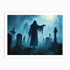 Silhouette Of A Daemon Costume Amidst A Fog Shrouded Cemetery Steam Rising From The Ground Adding T (2) Art Print