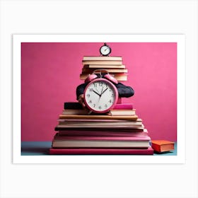 Stack Of Books With Alarm Clock Art Print