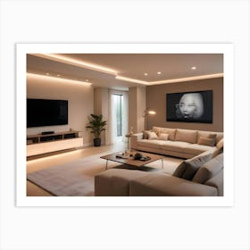 A Contemporary Living Room With Light Beige Walls, A White Couch, A Coffee Table, A House Plant, A Television, And A Large Framed Portrait On The Wall Art Print