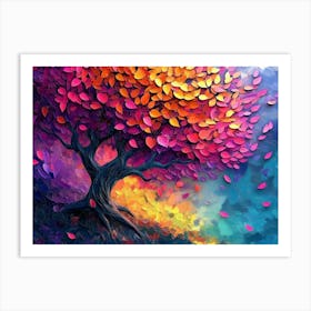 3d Abstract Artwork, A Tree Surrounded By Many Colorful Leaves 1 Art Print