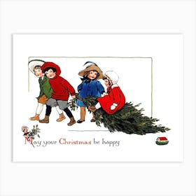 Kids With Christmas Tree Art Print