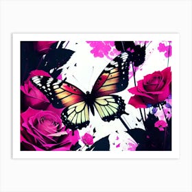 Butterfly And Roses 1 Art Print