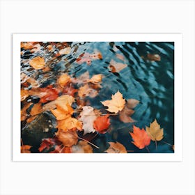 Fall's Fluid Fantasia: Vibrant Leaves in Watery Whirl. Autumn Leaves In Water. Liquid Luster: Vibrant Autumn Leaves in a Dance with the Water Art Print