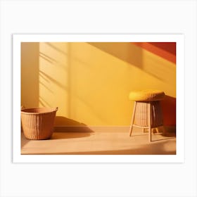 Two Wicker Baskets And A Wicker Stool Stand Against A Yellow And Orange Wall Art Print