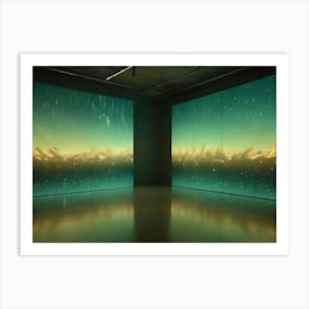 An Empty Room With Two Screens Displaying A Green Image Of A Mountain Range With Stars Art Print